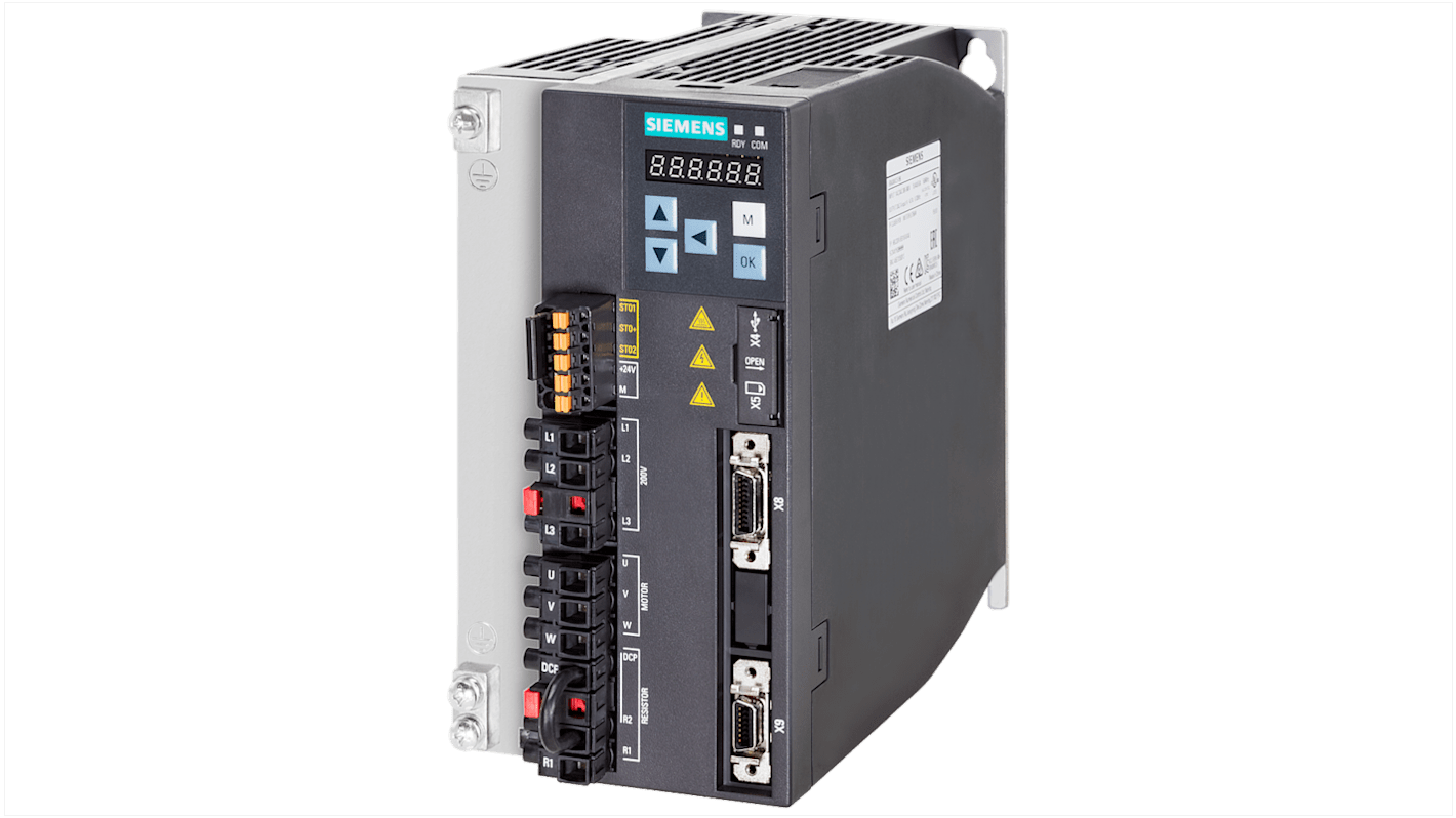 Servocomando Siemens 6SL3210-5FB11-5UF0, servoazionamento 3 fasi, potenza 1,5 kW, tensione 200-240 V, grado di protezione IP20.