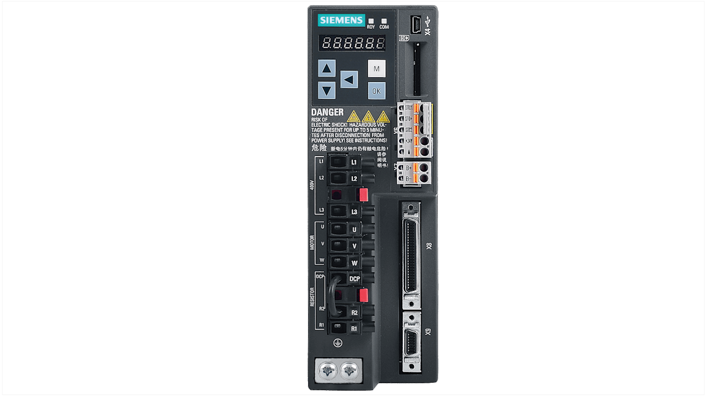 Servocomando Siemens 6SL3210-5FE10-4UA0, servoazionamento 0,4 kW, 380-480 V, grado di protezione IP20.