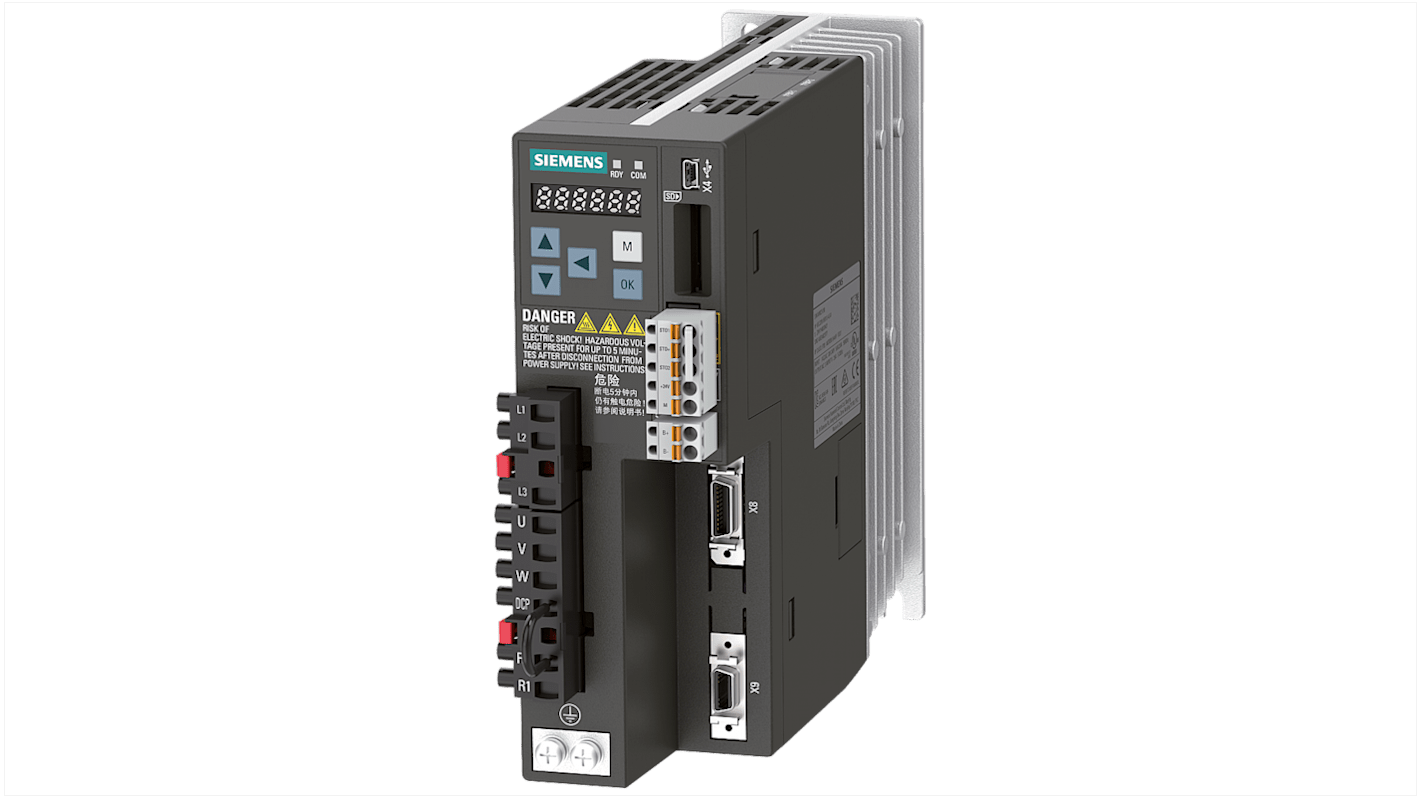 Servocomando Siemens 6SL3210-5FE10-4UF0, servoazionamento 3 fasi, potenza 0,4 kW, tensione 380-480 V, grado di protezione IP20.