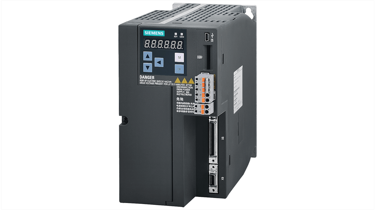 Servocomando Siemens 6SL3210-5FE11-5UA0, servoazionamento 1,75 kW, 3 fasi, IP20, alimentazione 380-480 V.