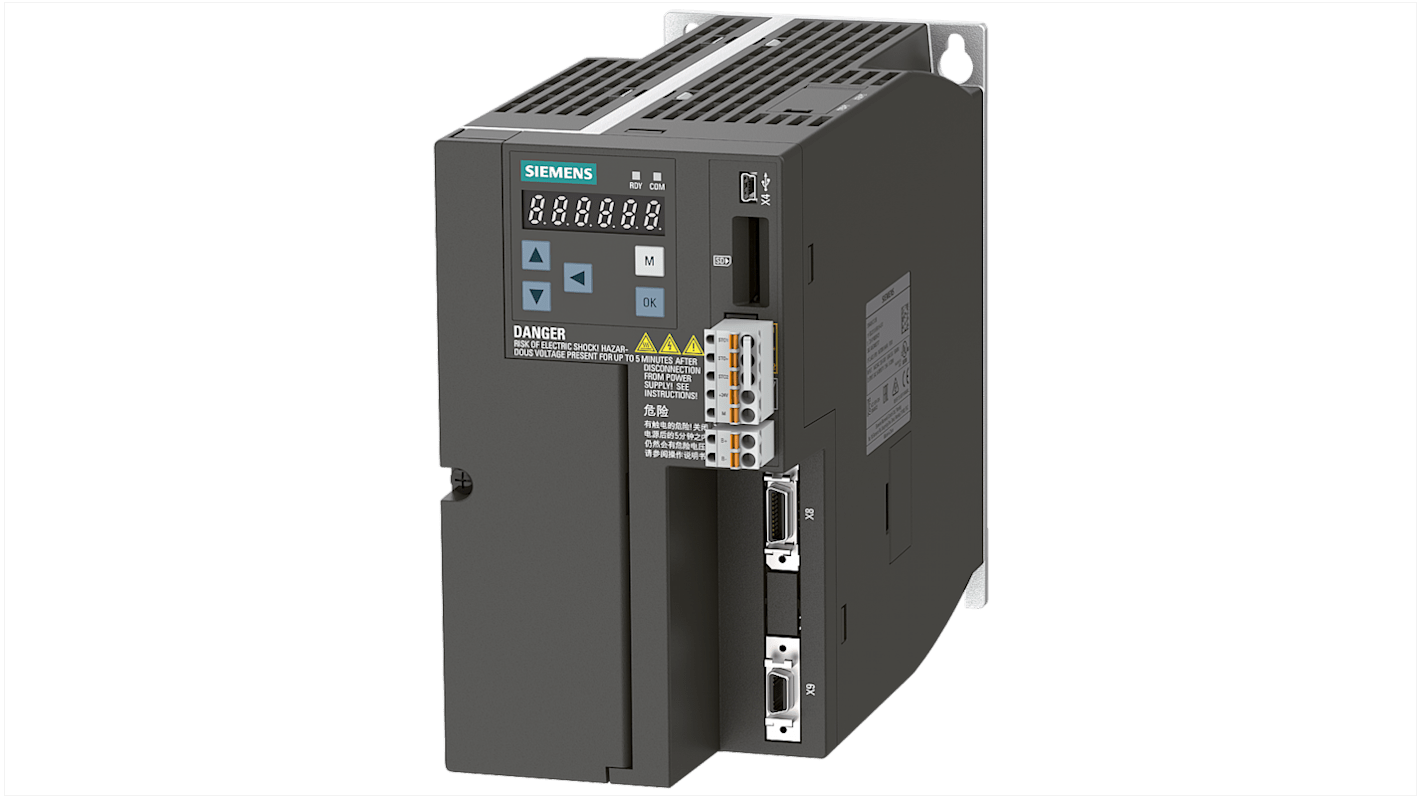 Servocomando Siemens 6SL3210-5FE12-0UF0, convertitore SINAMICS V20, potenza 2 kW, tensione 380-480 V, grado di protezione IP20.