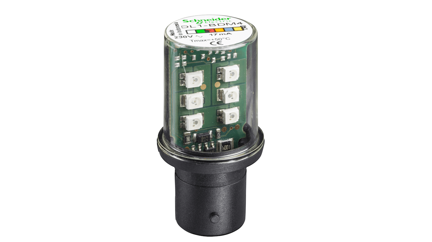 Modulo I/O Schneider Electric DL1BDM8, lampadina LED gialla BA15d, 230 V, 17 mA, progettata per applicazioni industriali.