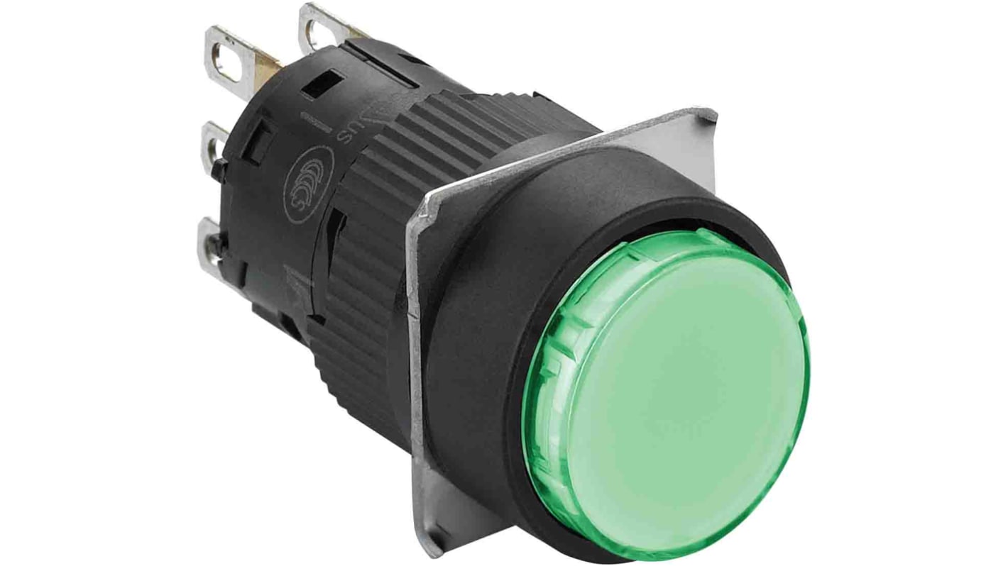 Pulsante SPST luminoso verde Schneider Electric XB6EAW3B1P, diametro 16 mm, protezione IP65, tensione max 24V.