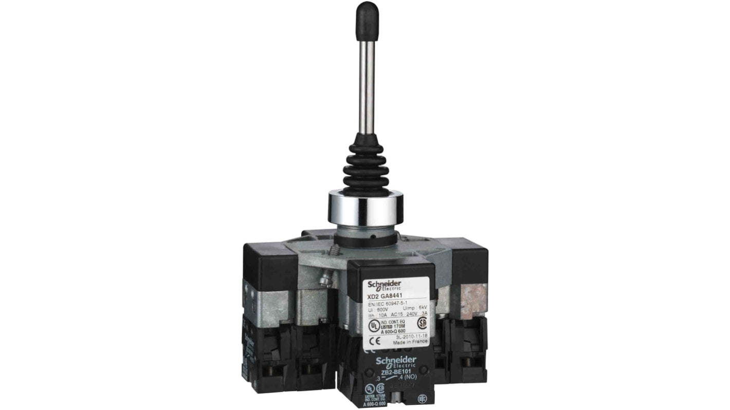 Interruttore joystick Schneider Electric, 4 assi, IP66, diametro 22 mm, metallo cromato, tensione 240V, corrente 3 A.
