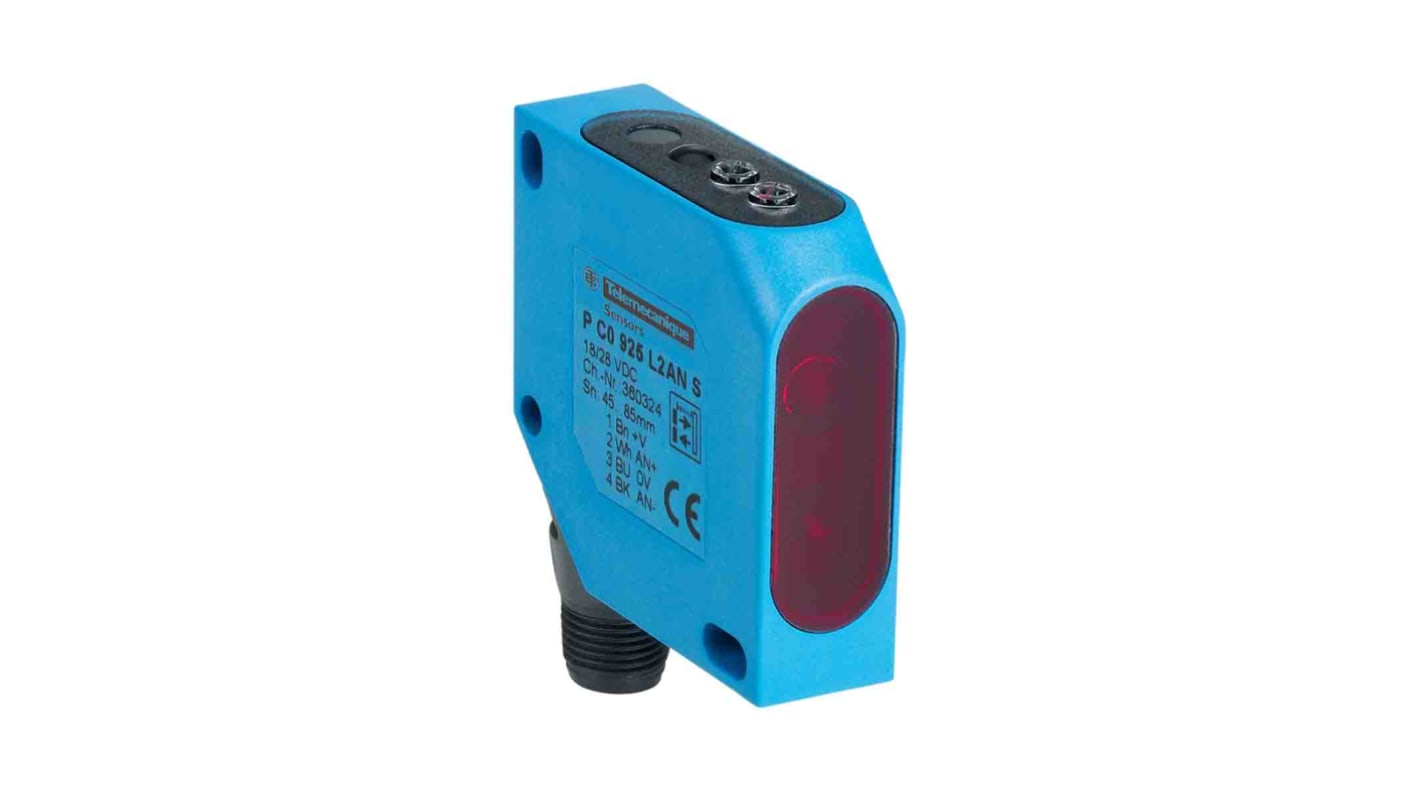 Sensore fotoelettrico compatto Telemecanique Sensors XUYPCO925L2ANSP, rilevamento fino a 85 mm, tensione 12-24 V c.c., connettore M12 a 4 pin.