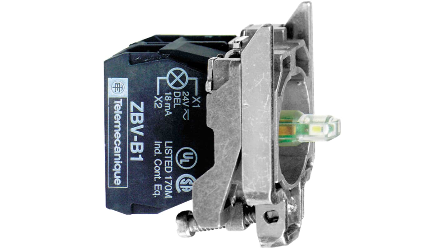 Blocco contatti luminoso LED bianco Schneider Electric, 1CO, 120V, design compatto con corpo in metallo cromato.