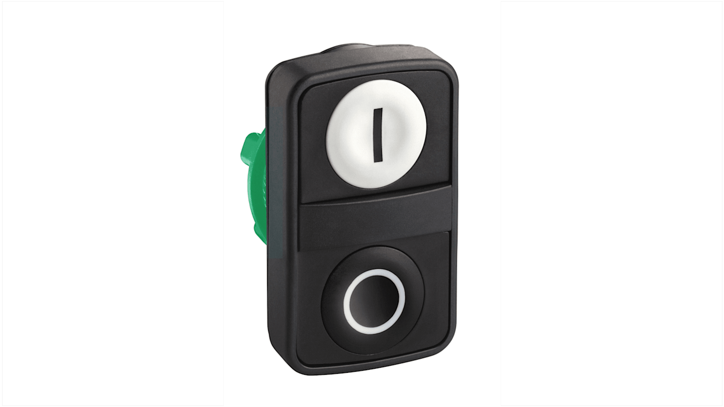 Attuatore pulsante Schneider Electric ZB5AA7121, ritorno a molla, diametro 22mm, protezione IP66/IP67/IP69K, colore nero e bianco.