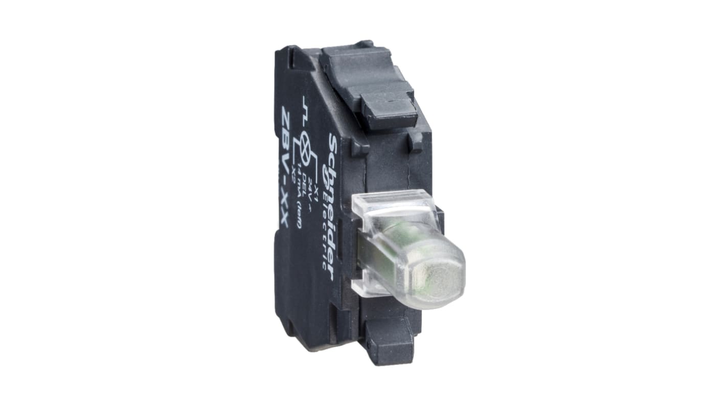 Blocco contatti luminoso LED bianco Schneider Electric ZBV18B1, tensione 24V, diametro testa 22 mm, montaggio a morsetto.