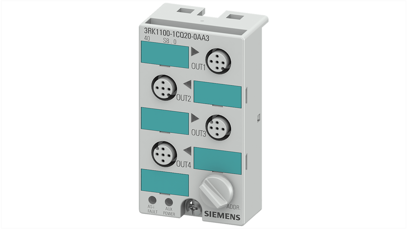 Modulo I/O digitale Siemens 3RK1100-1CQ20-0AA3, IP67, 4 uscite da 3 A, compatibile con moduli K45, richiede piastra M12.