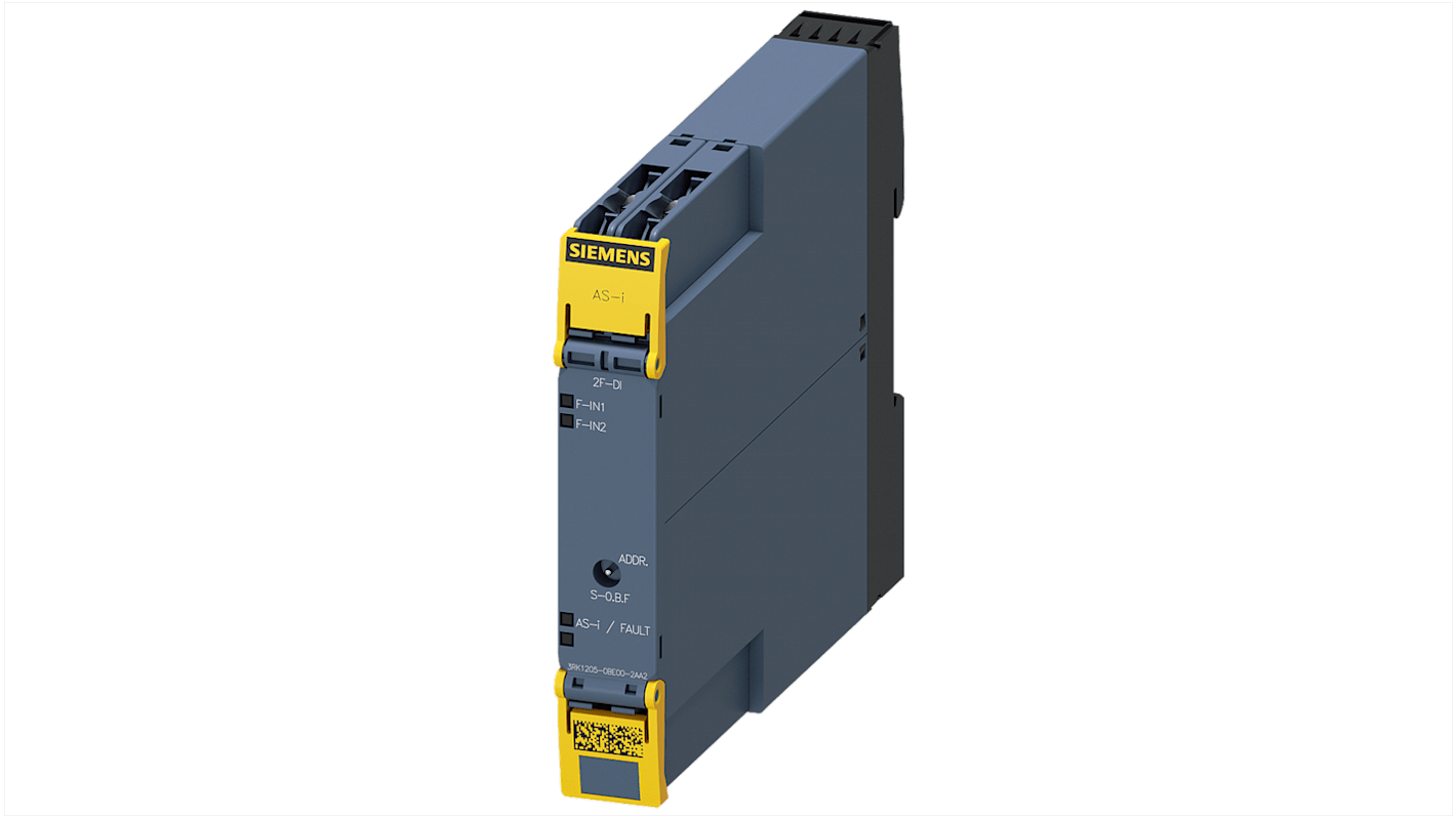 Modulo I/O PLC Siemens 3RK1205-0BE00-2AA2, compatto ASIsafe SlimLine, 2 ingressi, larghezza 17,5 mm, grado di protezione IP20.