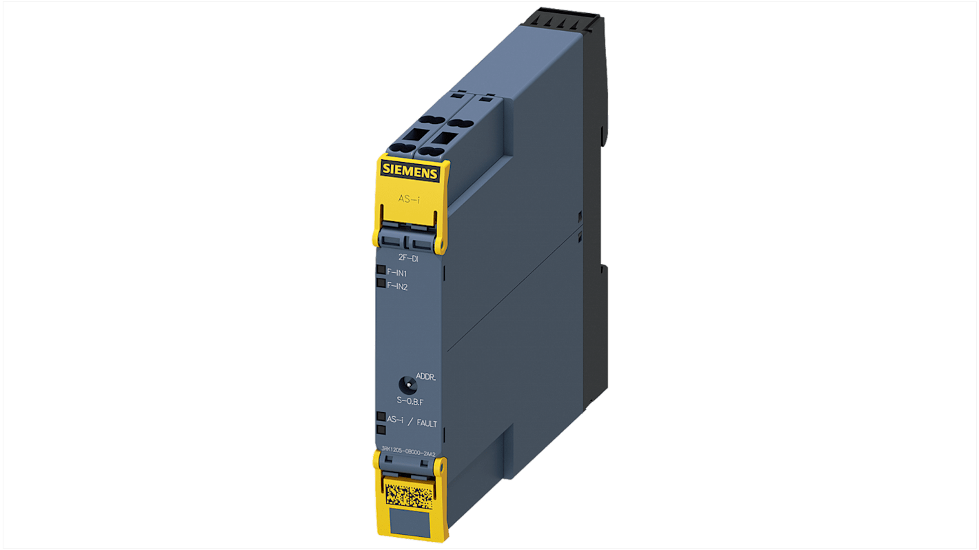 Modulo I/O Siemens 3RK1205-0BG00-2AA2, compatto, 2 ingressi F-DI, IP20, larghezza 17,5 mm, per applicazioni di sicurezza.