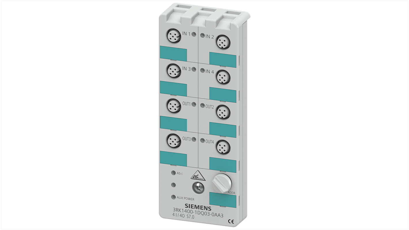 Modulo I/O digitale Siemens 3RK1400-1DQ03-0AA3 per PLC, 4 ingressi e 4 uscite, grado di protezione IP67, montaggio su piastra separata.