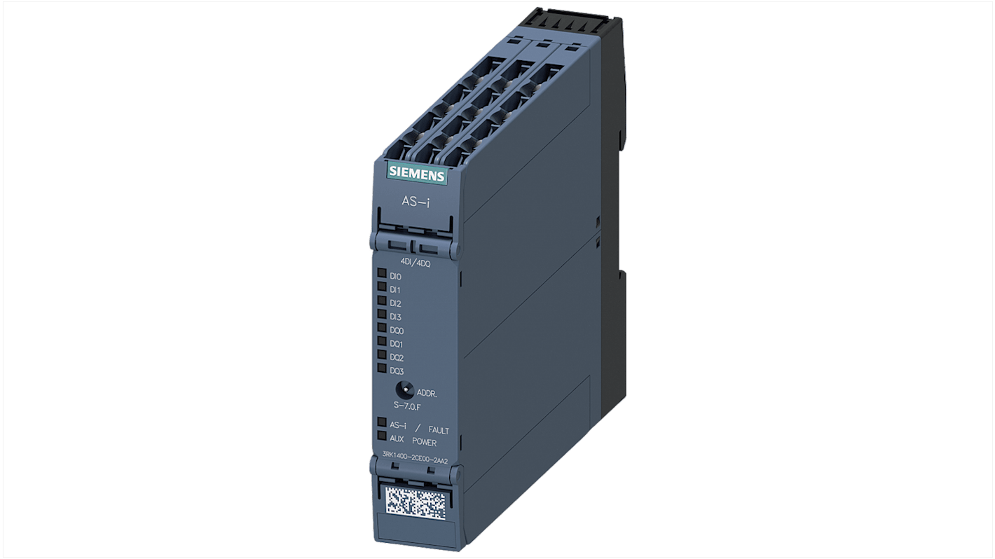 Modulo I/O digitale Siemens 3RK1400-2CE00-2AA2, compatto AS-i SlimLine, 4 ingressi e 4 uscite, larghezza 22,5 mm, grado di protezione IP20.