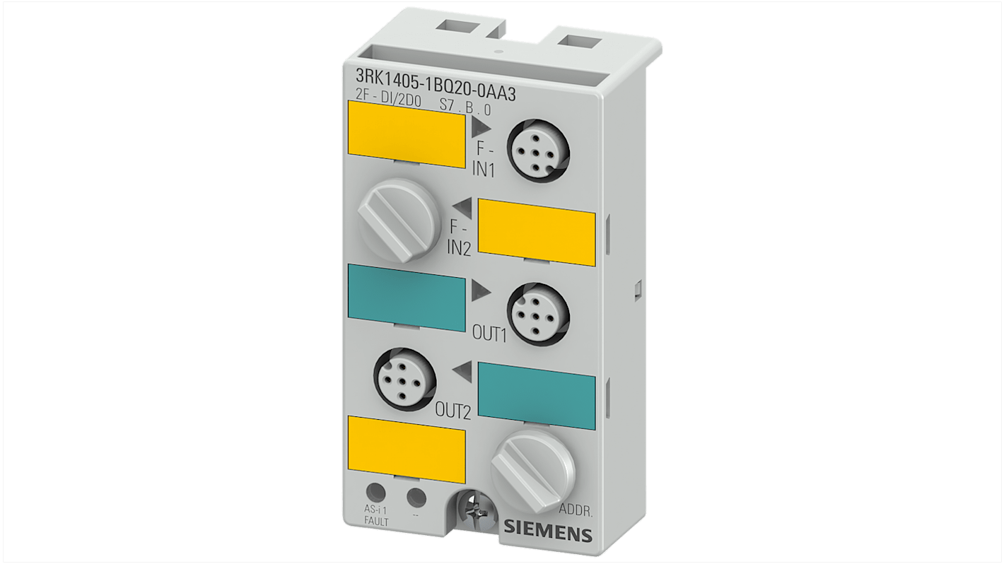 Modulo I/O compatto ASIsafe Siemens 3RK1405-1BQ20-0AA3, 24 V, 2 ingressi F-DI, 2 uscite DQ, grado di protezione IP67. Richiede connettore M12.