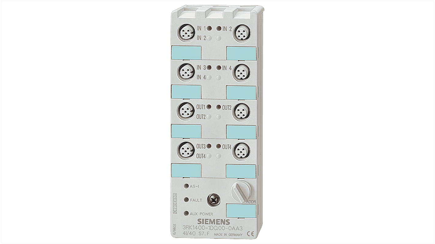Modulo I/O PLC Siemens 3RK2400-1FQ03-0AA3, compatto AS-i slave a/B digitale K60, 4 ingressi e 3 uscite, IP67.