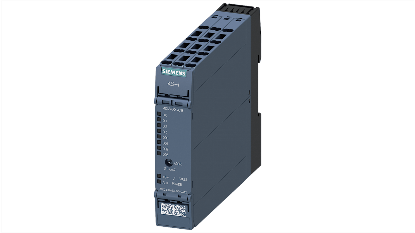 Modulo I/O Siemens 3RK2400-2CG00-2AA2, compatto 22,5 mm, 4 ingressi sensore 3 fili, 4 uscite, grado di protezione IP20.
