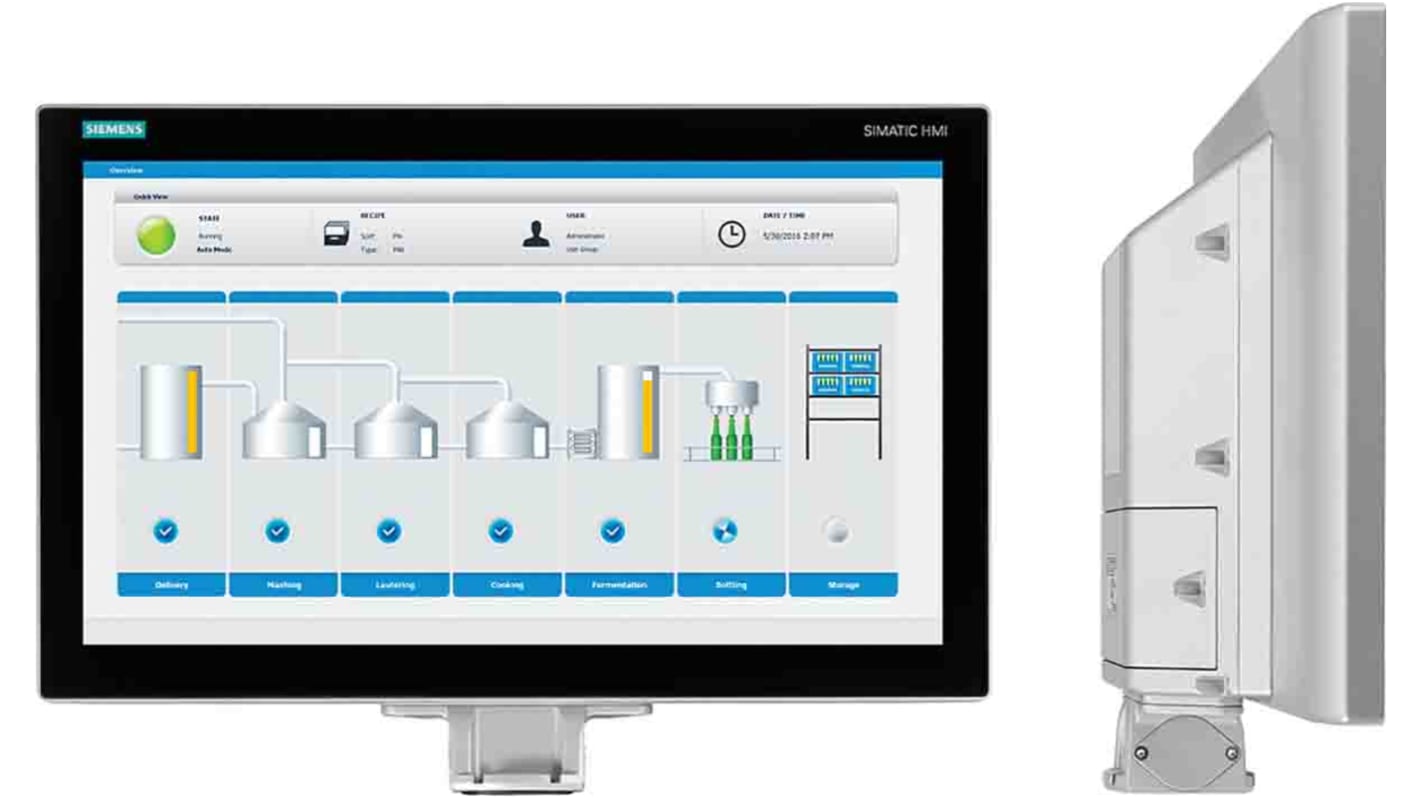 Pannello HMI Siemens 6AV2124-0XC24-1AX0, 21,5" TFT, risoluzione 1920x1080, interfacce PROFINET e MPI, grado di protezione IP65.