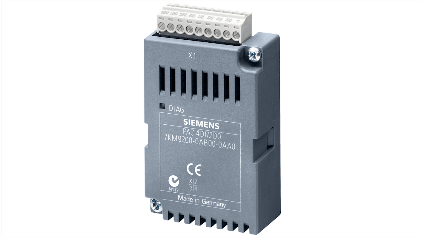 Modulo di espansione Siemens 7KM9200-0AB00-0AA0 per PAC4200, 2DQ/4DI, montaggio a innesto, grado di protezione IP20.