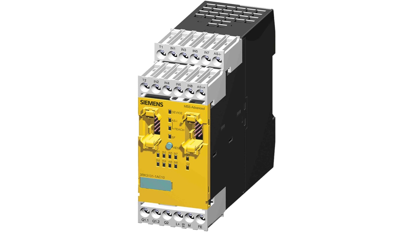 Controller di sicurezza Siemens 3RK3131-1AC10, unità centrale modulare con 8 ingressi e 12 uscite, larghezza 45 mm.