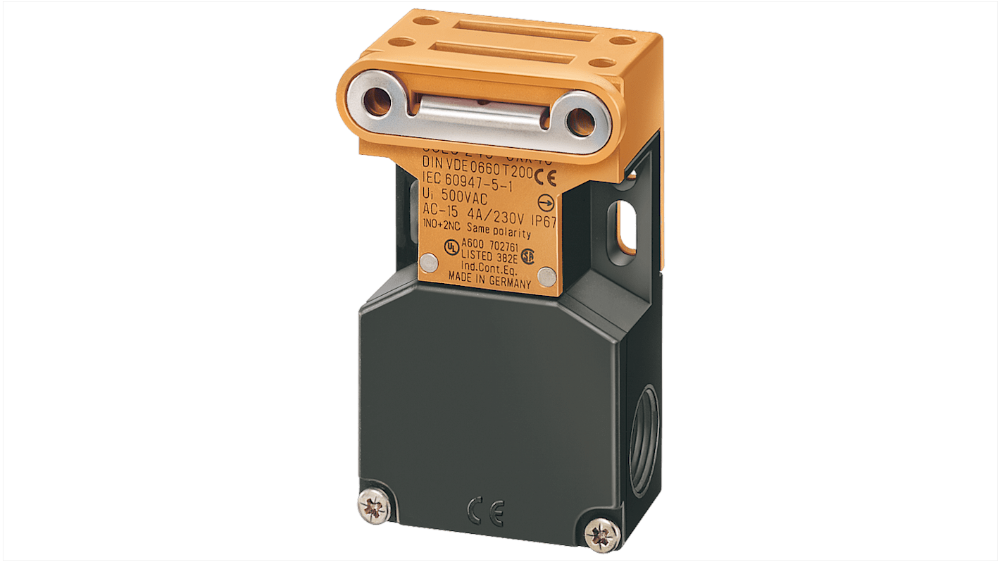 Interruttore di fine corsa Siemens 3SE2243-0XX, 1 NA + 2 NC, azione lenta, montaggio versatile, custodia in termoplastico rinforzato.