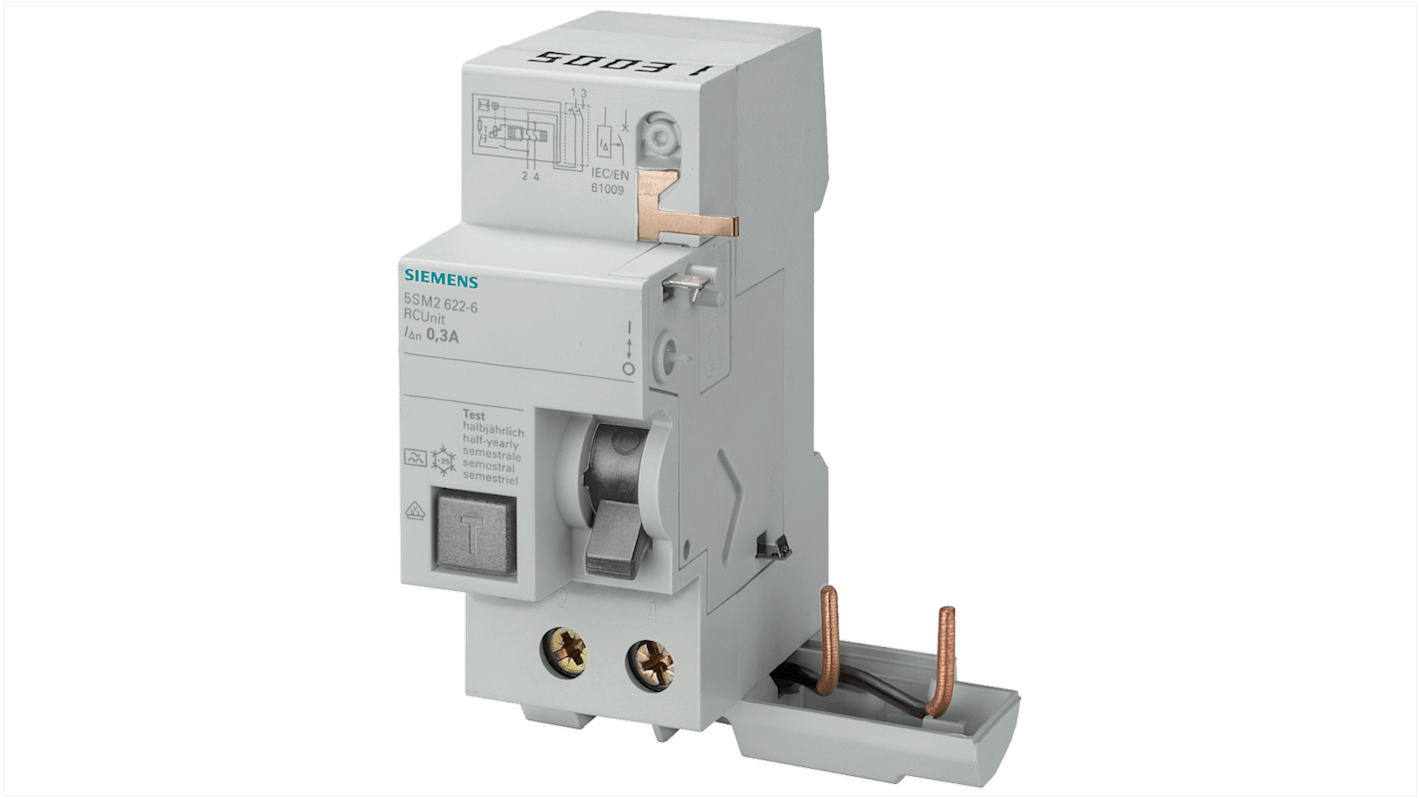 Interruttore automatico bipolare Siemens 5SM2622-8, 40 A, 300 mA, 400 V, dimensioni 70 x 71 x 90 mm, classe di protezione IP20.