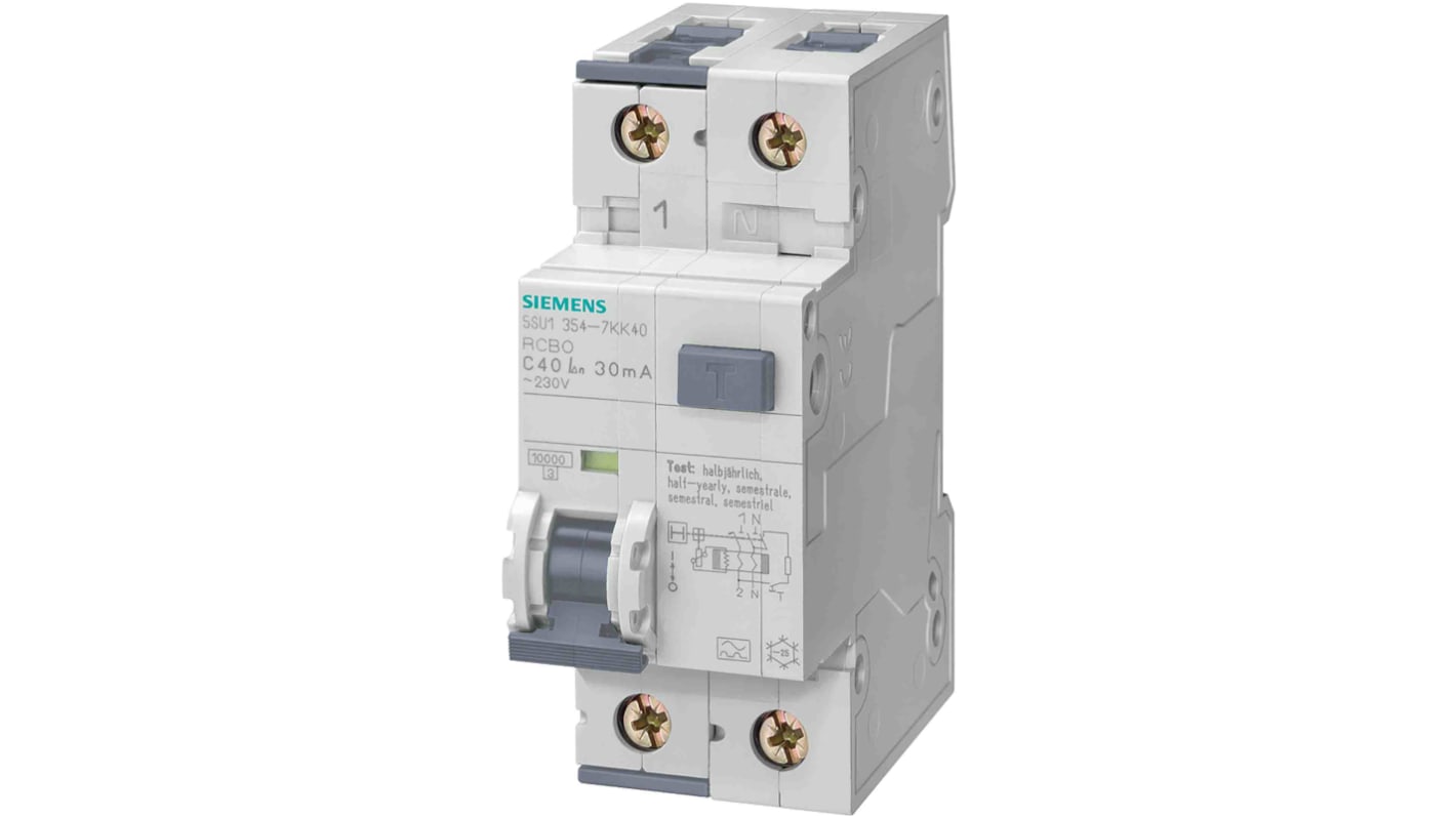 Interruttore differenziale Siemens 5SU1354-4KK32, 2 poli, 32 A, 30 mA, 230 V, dimensioni 77 x 36 x 90 mm, protezione IP20.