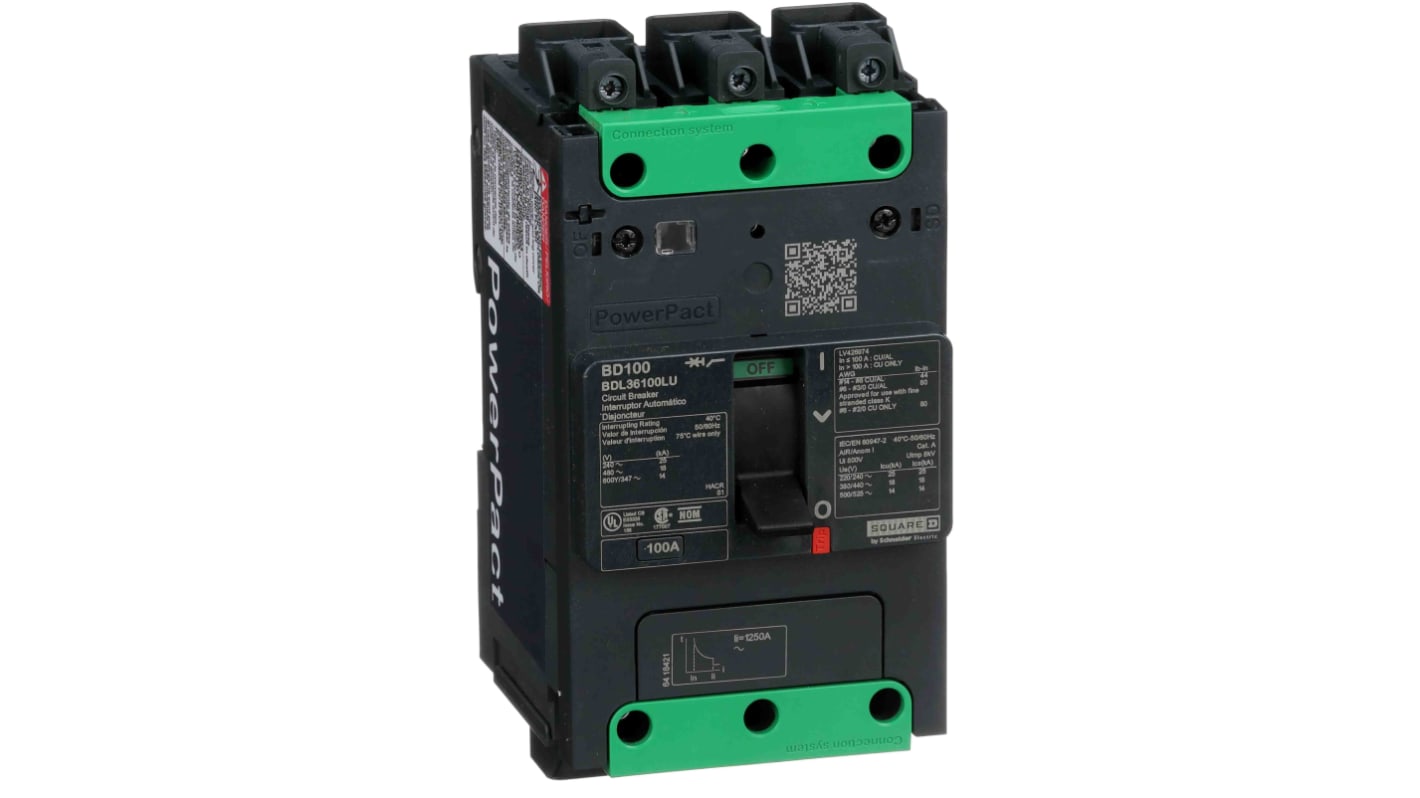 Interruttore automatico Schneider Electric BDL36100LU, 100A, 525V, 14 kA, con tecnologia Ever link e durata elettrica 10.000 cicli. Ideale per distribuzione industriale.