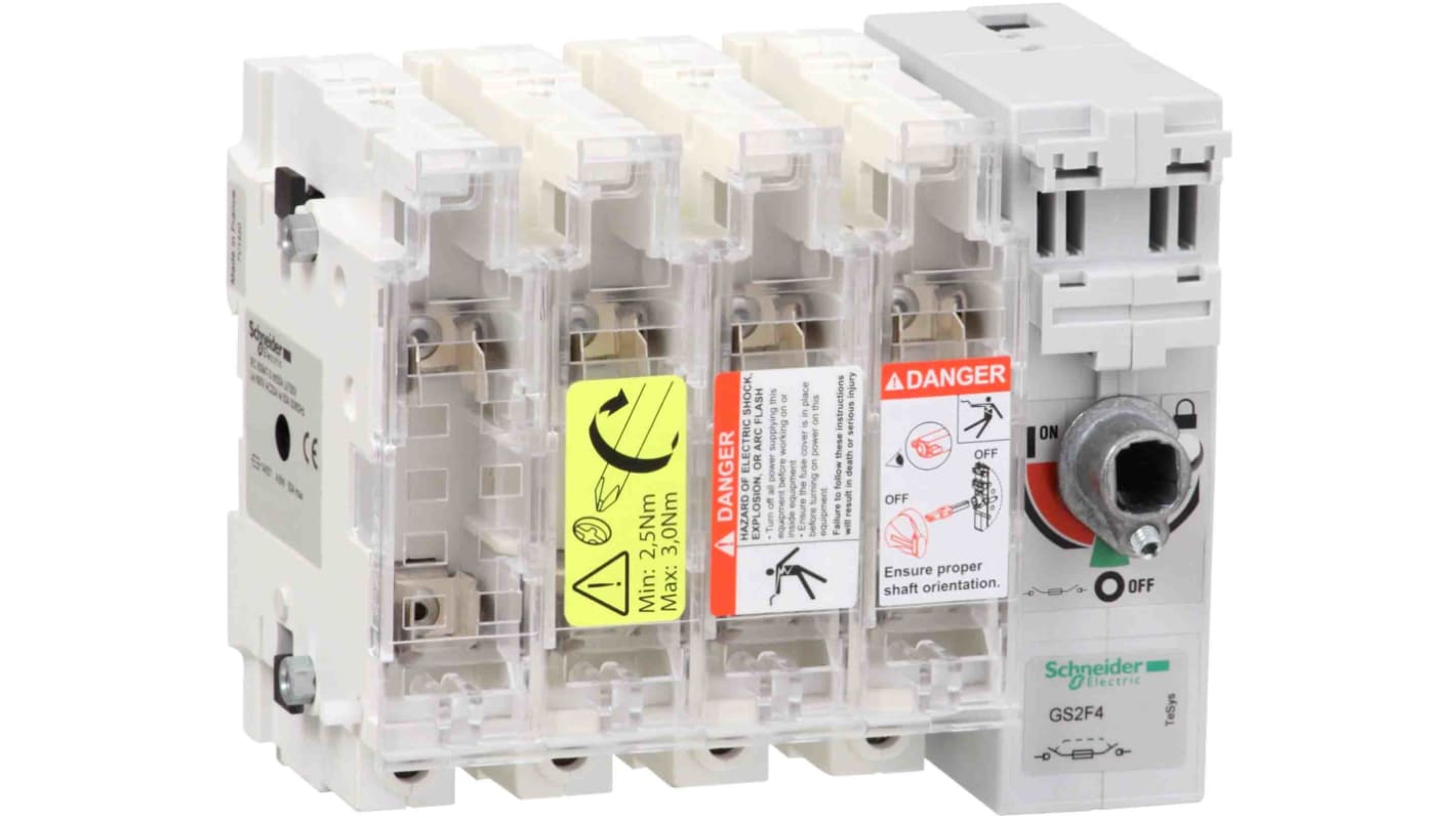Sezionatore portafusibili TeSys GS2F Schneider Electric, 4 poli, 50A, maniglia destra, temperatura -20°C/+70°C.