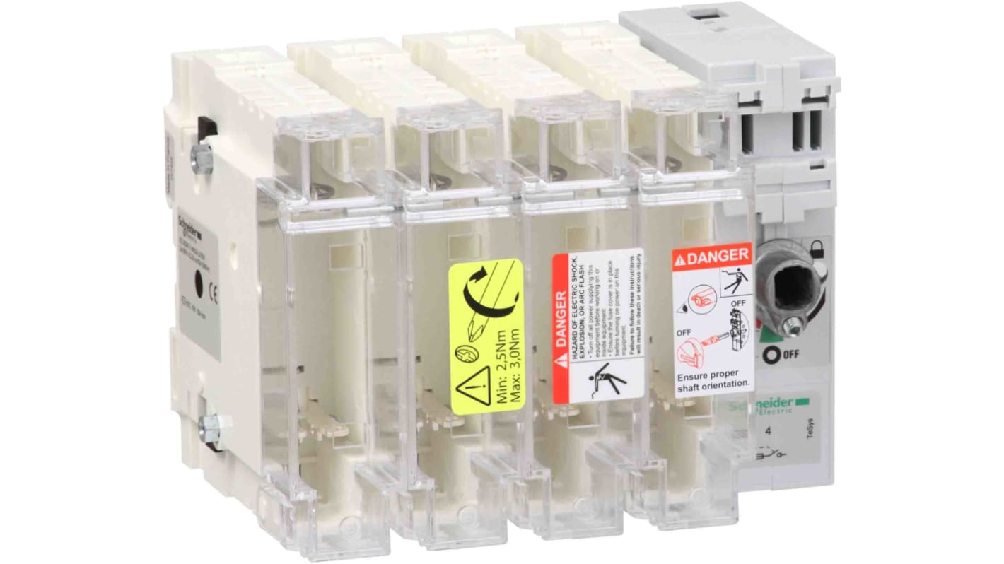 Sezionatore portafusibili Schneider Electric TeSys GS2G, 4 poli, 63A, montaggio su piastra, temperatura operativa -20°C/+70°C.