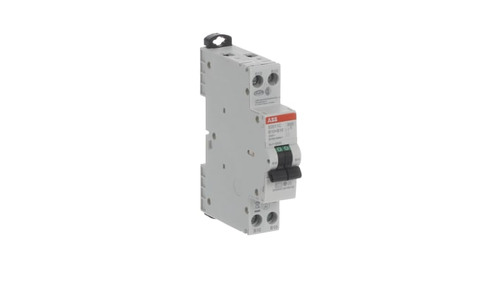 Interruttore magnetotermico ABB Tipo B, 2 poli, 10A, 6 kA, montaggio su guida DIN, dimensioni 18x70x70 mm.