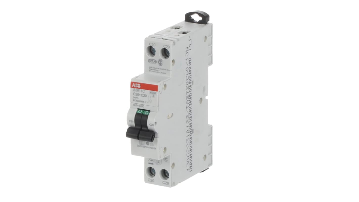 Interruttore magnetotermico ABB Tipo C, 2P 20A, montaggio su guida DIN, dimensioni 70mm x 18mm x 70mm, capacità di rottura 6 kA.