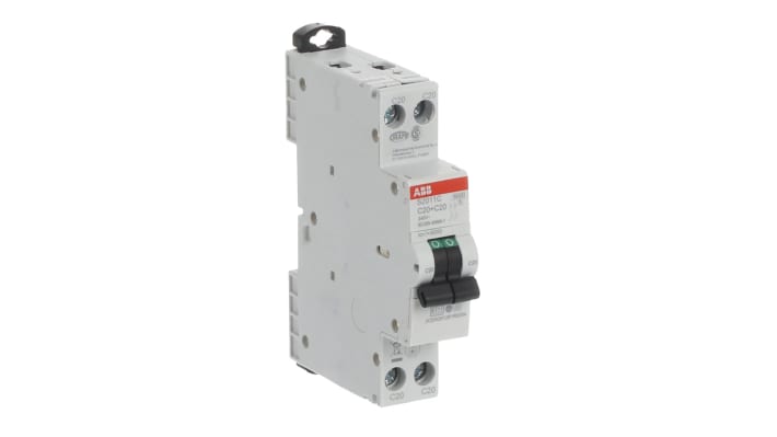 Interruttore magnetotermico ABB Tipo C, 2P 20A, montaggio su guida DIN, dimensioni 70mm x 18mm x 70mm, capacità di rottura 6 kA.