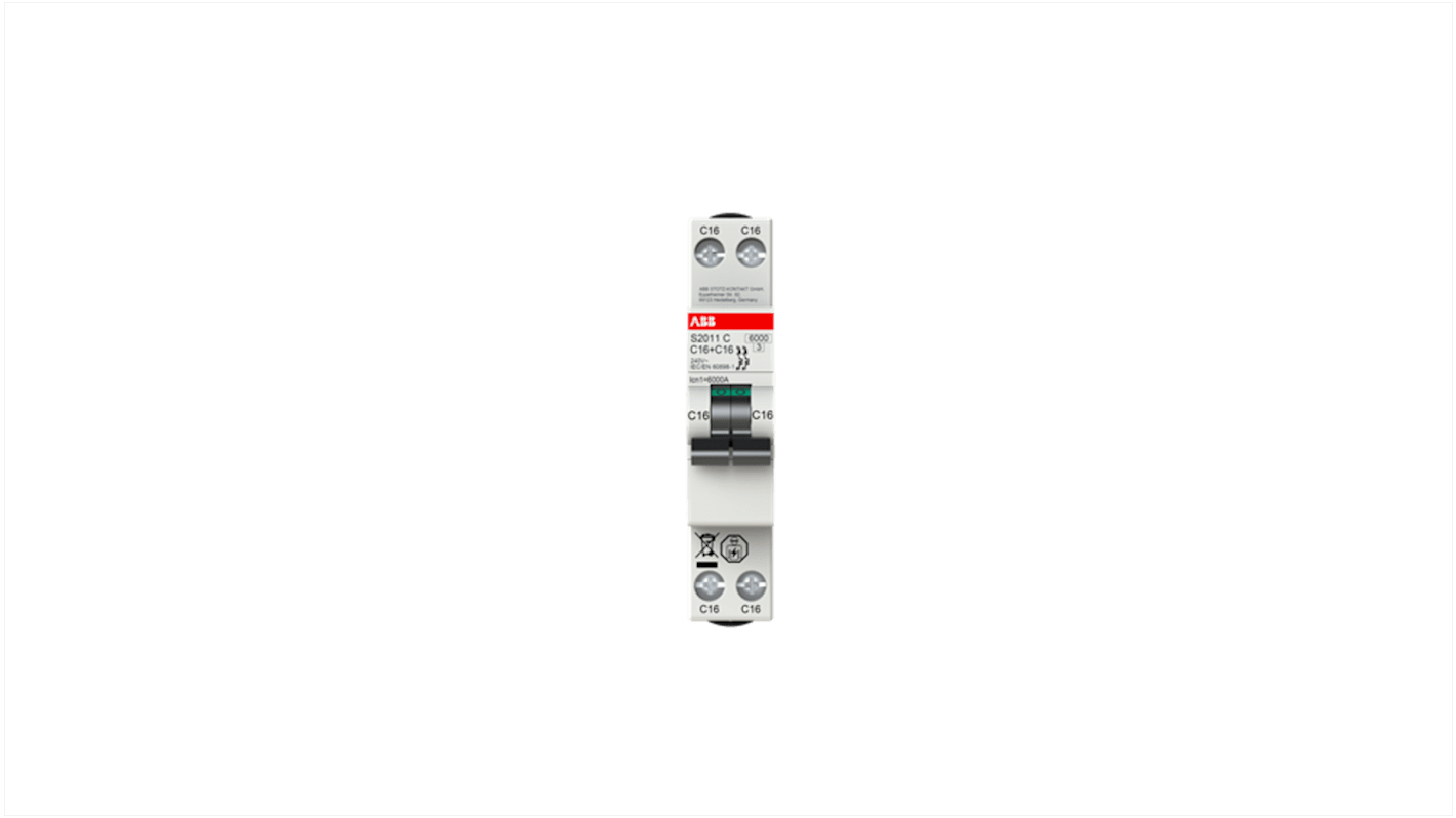 Interruttore magnetotermico ABB Tipo B, 2 poli, 20A, 6 kA, montaggio su guida DIN, dimensioni 18x70x70 mm.