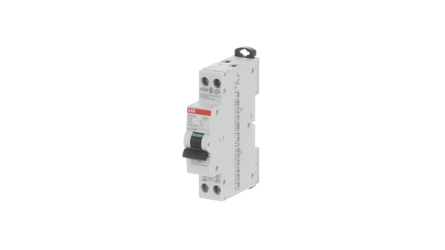 Interruttore magnetotermico ABB 2CDS252280R0024, Tipo C, 2 poli, 2A, 6 kA, montaggio su guida DIN, dimensioni 70mm x 18mm x 70mm.