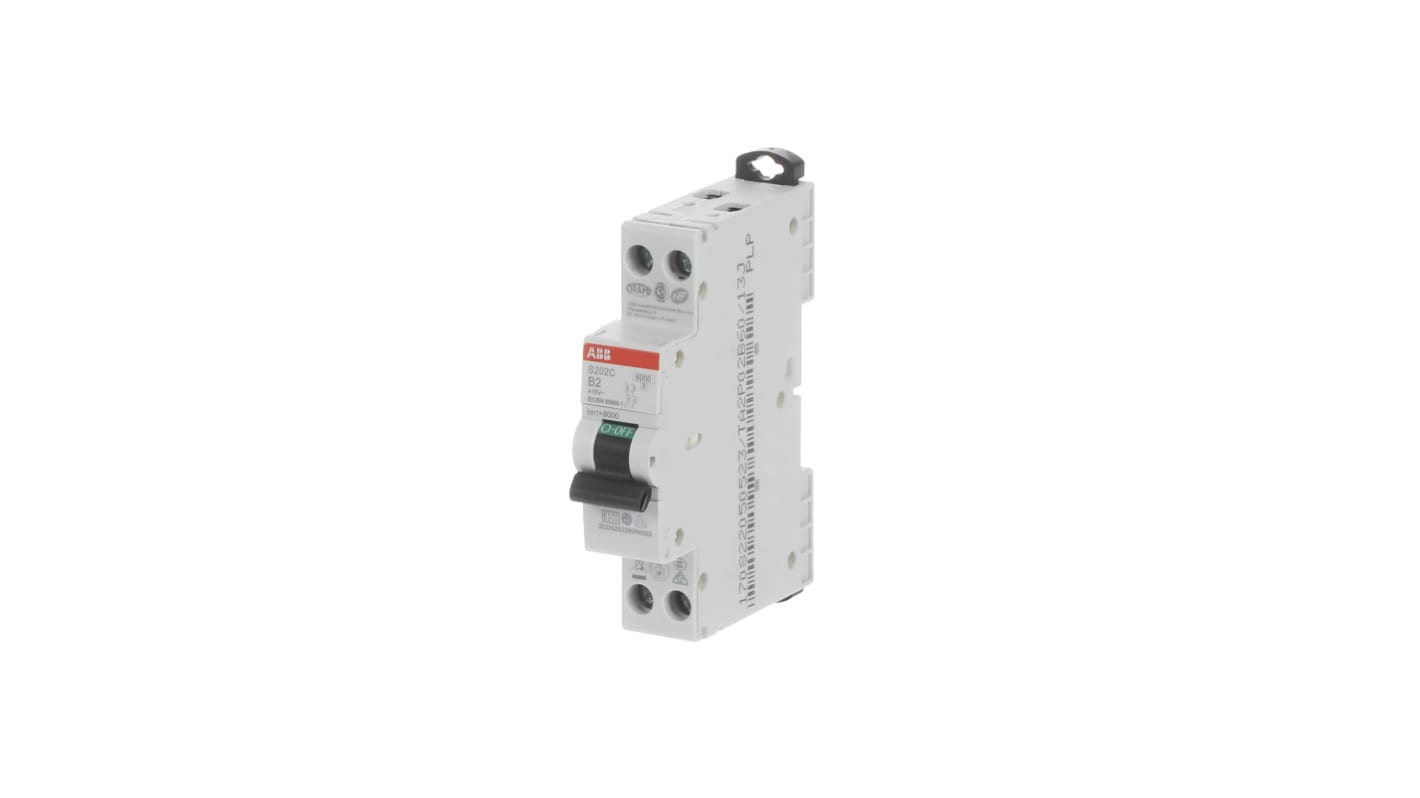 Interruttore magnetotermico ABB Tipo B, 2 poli, 2A, 6 kA, montaggio su guida DIN, dimensioni 70mm x 18mm x 70mm.