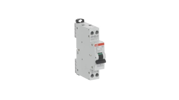 Interruttore magnetotermico ABB Tipo B, 2 poli, 2A, 6 kA, montaggio su guida DIN, dimensioni 70mm x 18mm x 70mm.