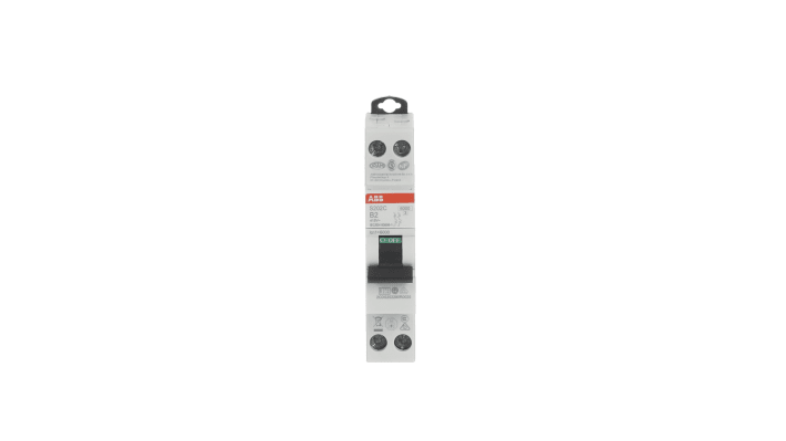 Interruttore magnetotermico ABB Tipo B, 2 poli, 2A, 6 kA, montaggio su guida DIN, dimensioni 70mm x 18mm x 70mm.