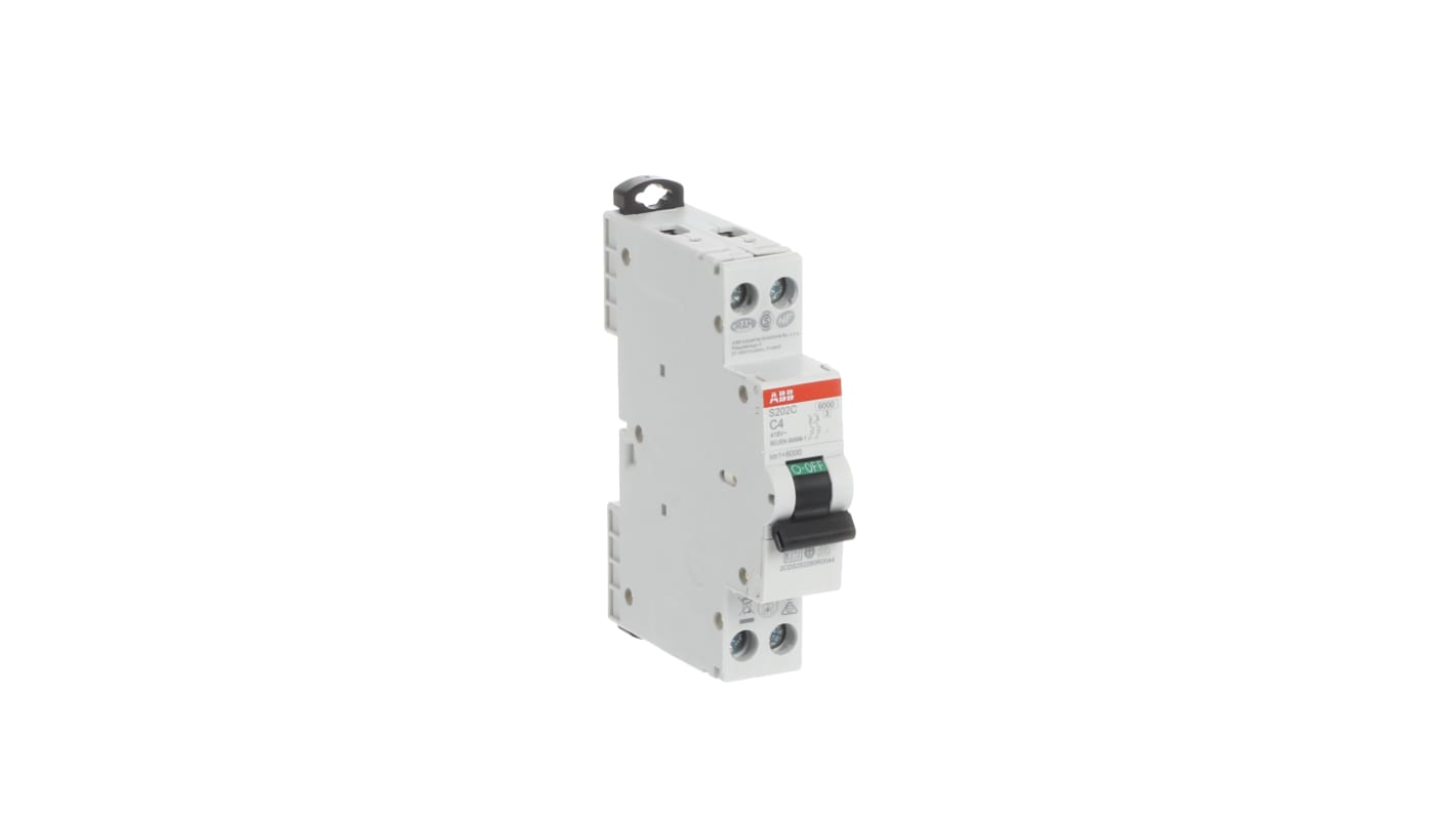 Interruttore magnetotermico ABB Tipo C, 2P 4A, 6 kA, montaggio su guida DIN, dimensioni 70mm x 18mm x 70mm.