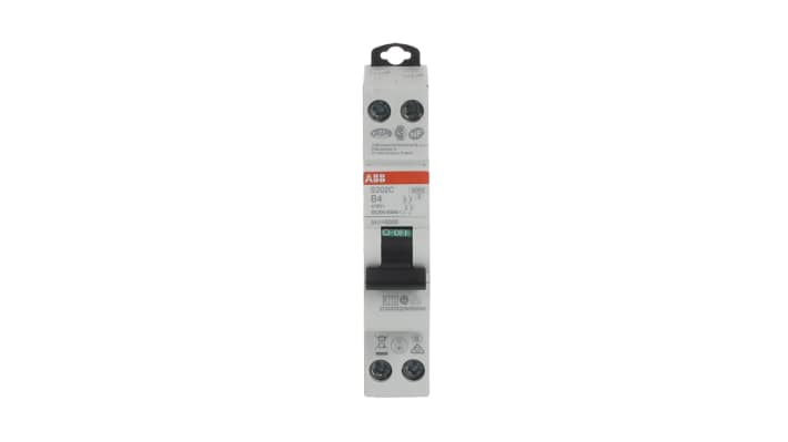 Interruttore magnetotermico ABB Tipo B, 2P 4A, 6 kA, montaggio su guida DIN, larghezza 18 mm, conforme a IEC/EN 60898-1.