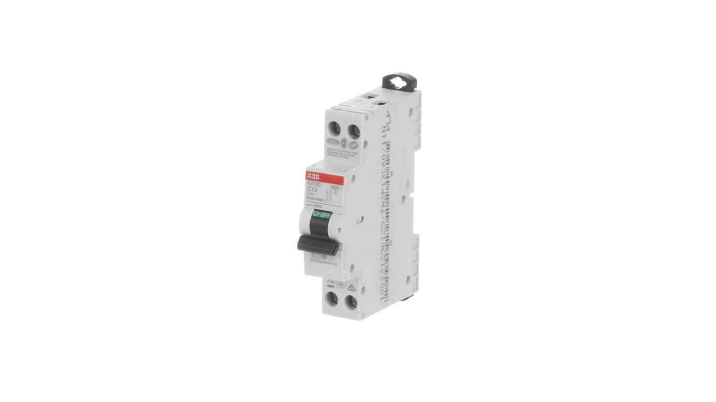 Interruttore magnetotermico ABB Tipo C, 2P 13A, 6 kA, montaggio su guida DIN, dimensioni 18mm x 70mm x 70mm.