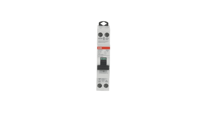 Interruttore magnetotermico ABB Tipo C, 2P 13A, 6 kA, montaggio su guida DIN, dimensioni 18mm x 70mm x 70mm.