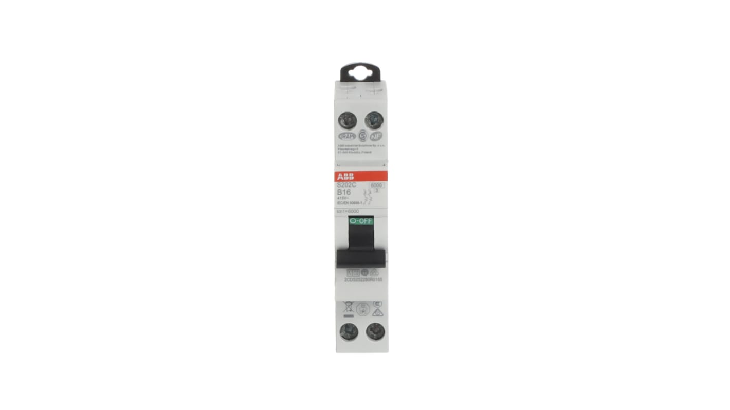 Interruttore magnetotermico ABB Tipo B, 2P 16A, 6 kA, montaggio su guida DIN, larghezza 18 mm, tensione 415V. Codice 2CDS252280R0165.