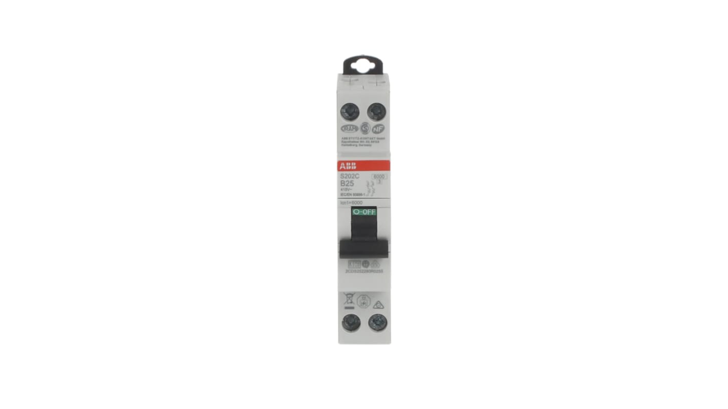 Interruttore magnetotermico ABB 2P 25A Tipo C, montaggio su guida DIN, dimensioni 70mm x 18mm, capacità di rottura 6 kA.