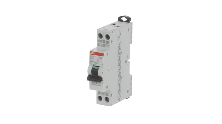 Interruttore magnetotermico ABB 2P 25A Tipo C, montaggio su guida DIN, dimensioni 70mm x 18mm, capacità di rottura 6 kA.