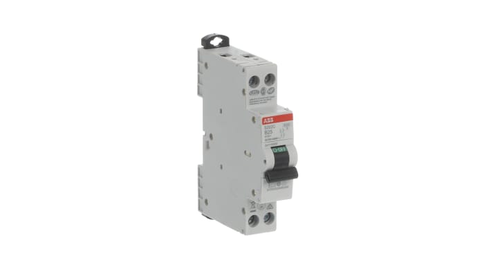 Interruttore magnetotermico ABB 2P 25A Tipo C, montaggio su guida DIN, dimensioni 70mm x 18mm, capacità di rottura 6 kA.