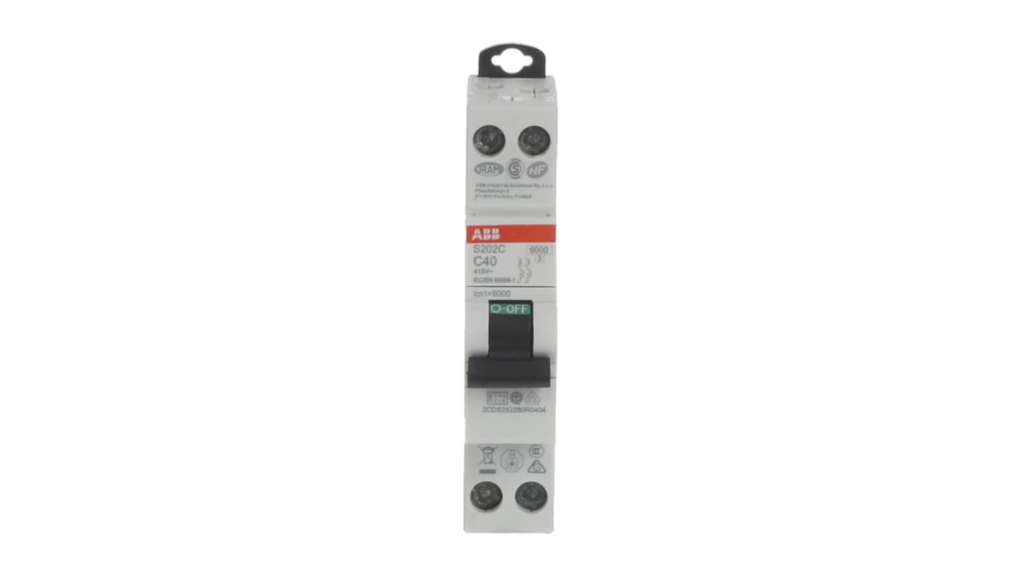 Interruttore magnetotermico ABB 2CDS252280R0404, Tipo C, 2 poli, 40A, montaggio su guida DIN, larghezza 18 mm, capacità di rottura 6 kA.