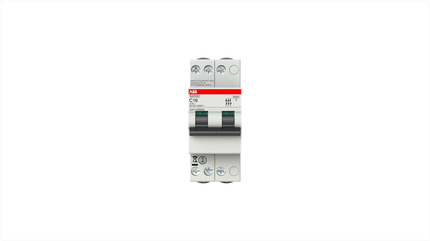 Interruttore magnetotermico ABB 3P Tipo C, 2A, 6 kA, montaggio su guida DIN, dimensioni 36x70x70 mm, tensione 415V.