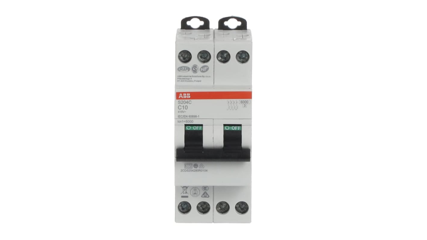Interruttore magnetotermico ABB 4 poli, 10A, Tipo C, montaggio su guida DIN, dimensioni 36mm x 70mm x 70mm.