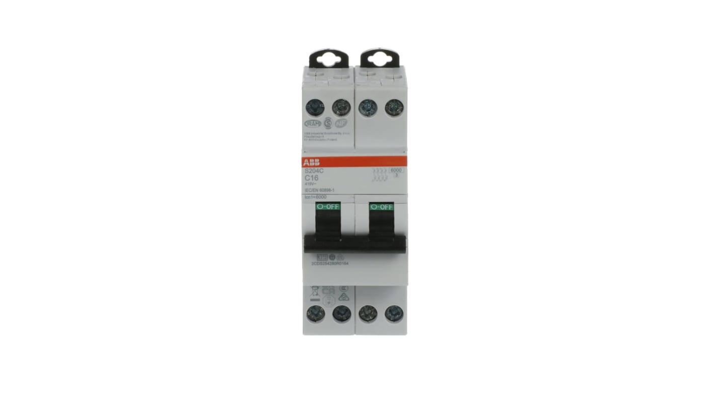 Interruttore magnetotermico ABB 4 poli, 16A, Tipo C, montaggio su guida DIN, dimensioni 70x36x70mm, conforme a IEC/EN.