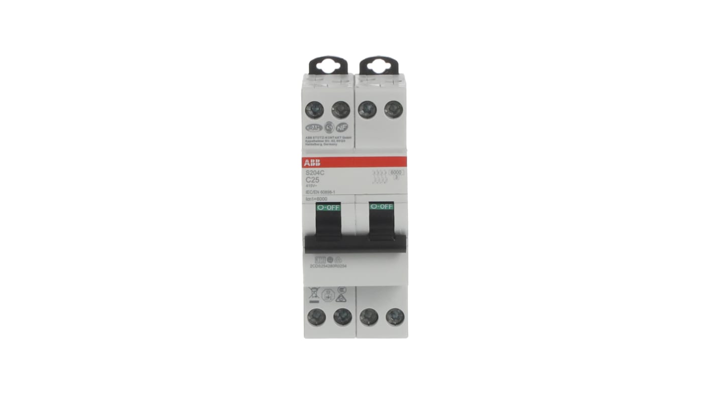 Interruttore magnetotermico 4 poli ABB, 25A, Tipo C, montaggio su guida DIN, dimensioni 70mm x 36mm x 70mm.